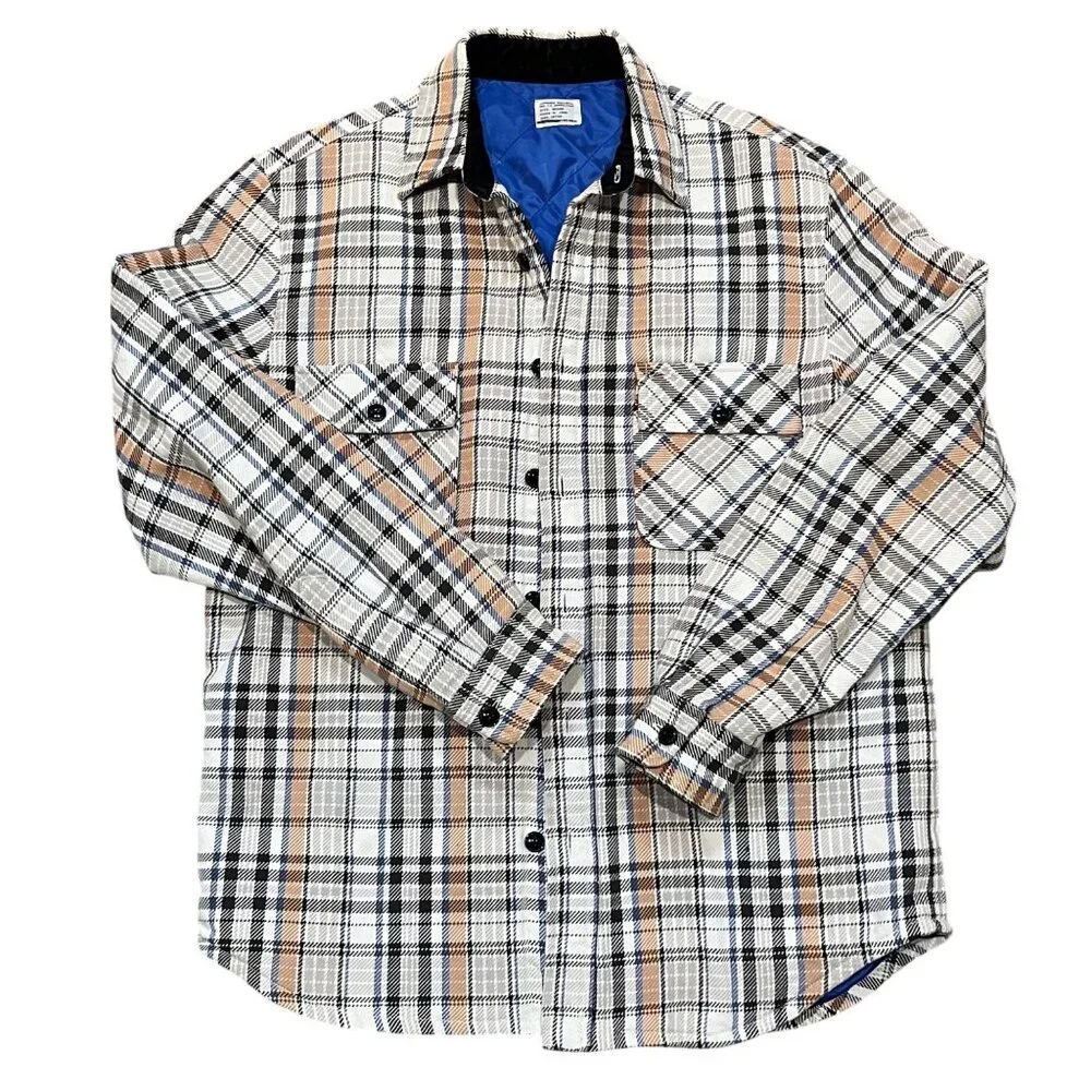 Mens J.Crew Plaid‎ Long-Sleeve Quilted Shirt Jacket Medium Cotton Blue Beige Tan
